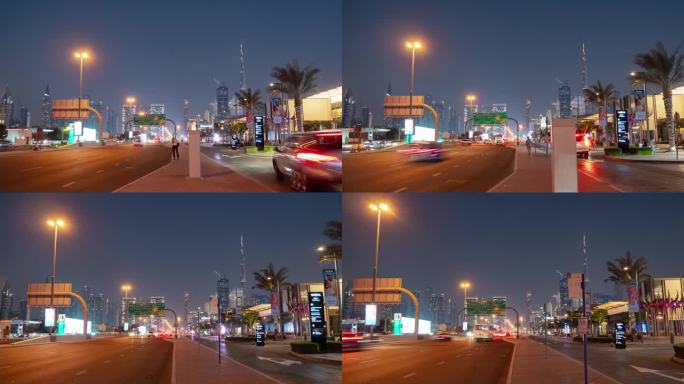 暮光照明迪拜市中心公交车站交通街道步行全景4k延时阿联酋