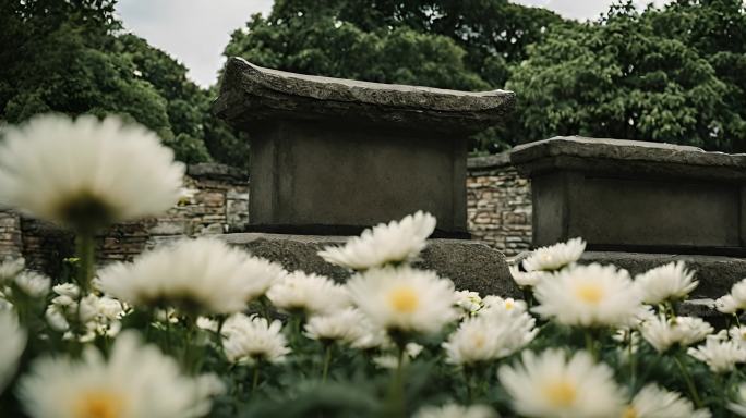 墓前的白色菊花祭祀祭拜