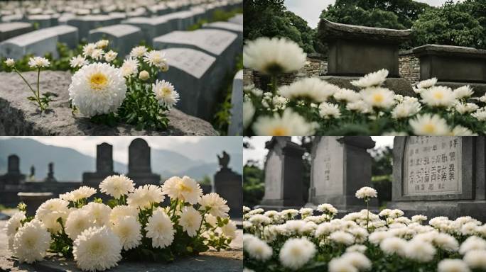 墓前的白色菊花祭祀祭拜