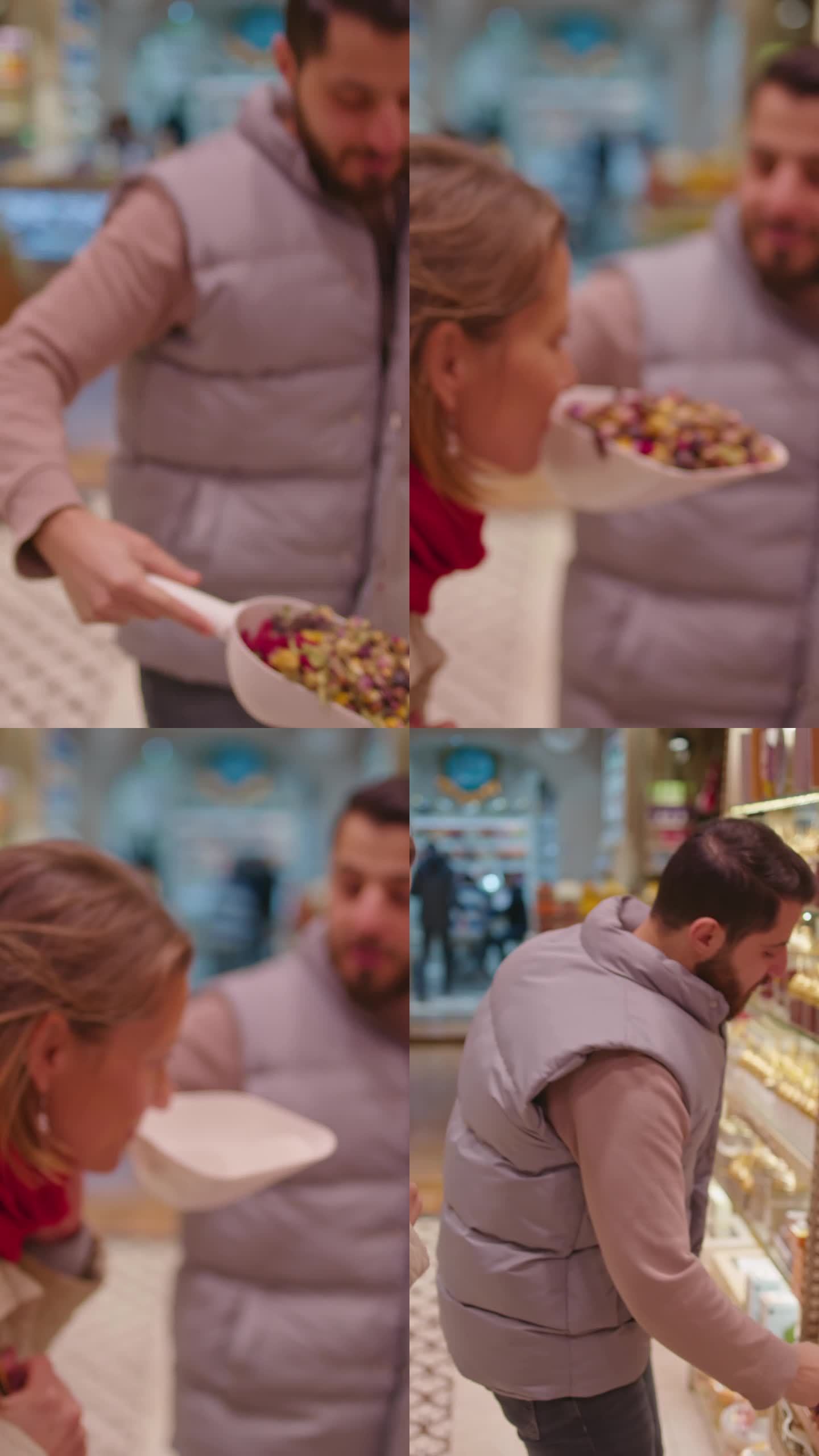 SLO MO香料展示:土耳其小贩向高兴的女性顾客介绍芳香口味#SpiceMarketDiscover