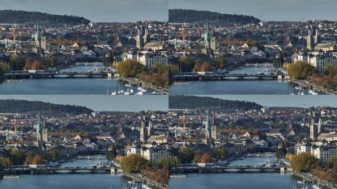 阳光明媚的一天，苏黎世市湖滨中心区航拍全景4k瑞士