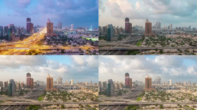 夜间照明迪拜城市主要交通道路交汇处屋顶全景4k延时阿联酋