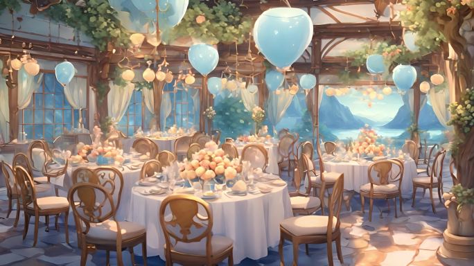 卡通蓝色浅色婚礼宴会厅动画