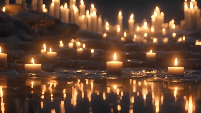 湖水上燃烧的白色蜡烛烛火