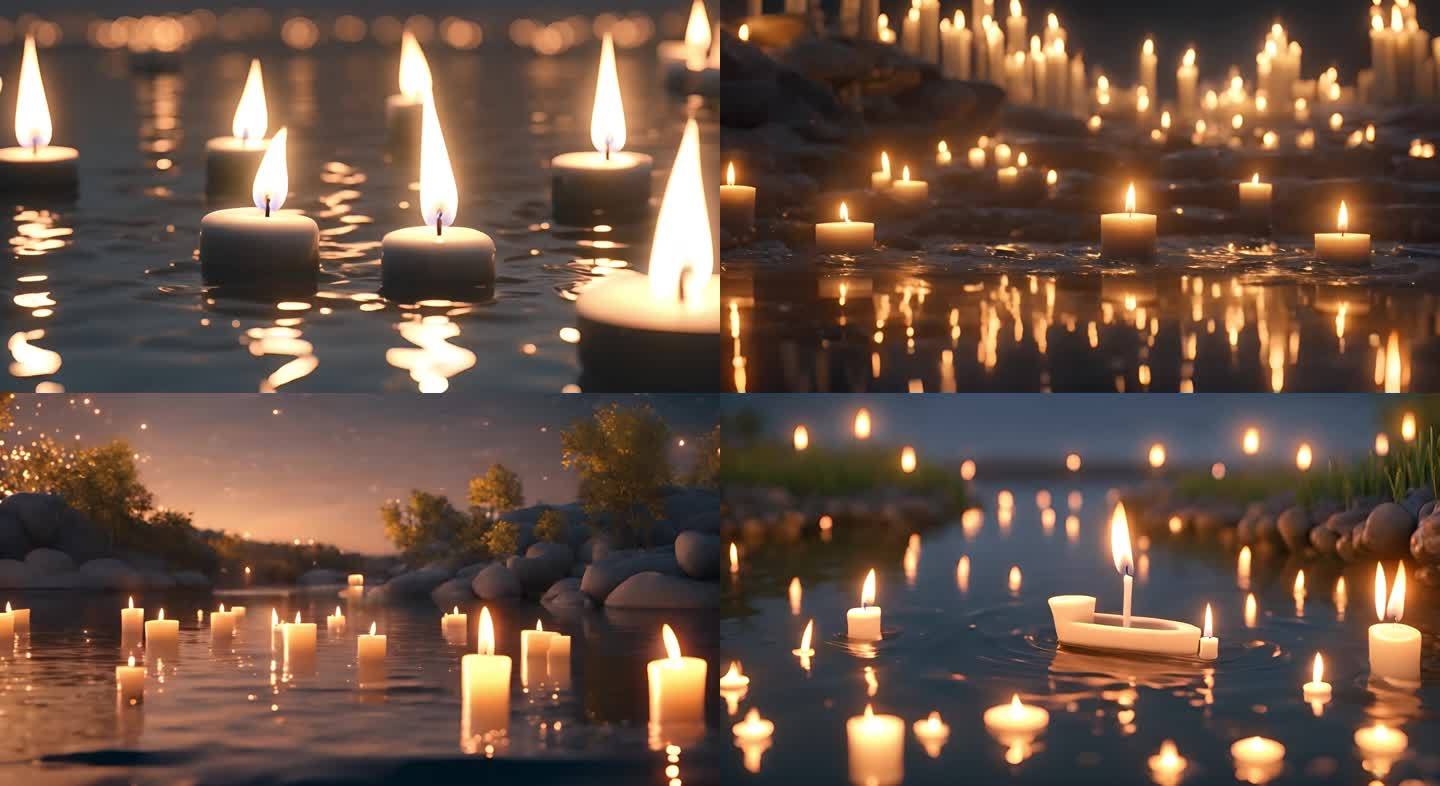 湖水上燃烧的白色蜡烛烛火