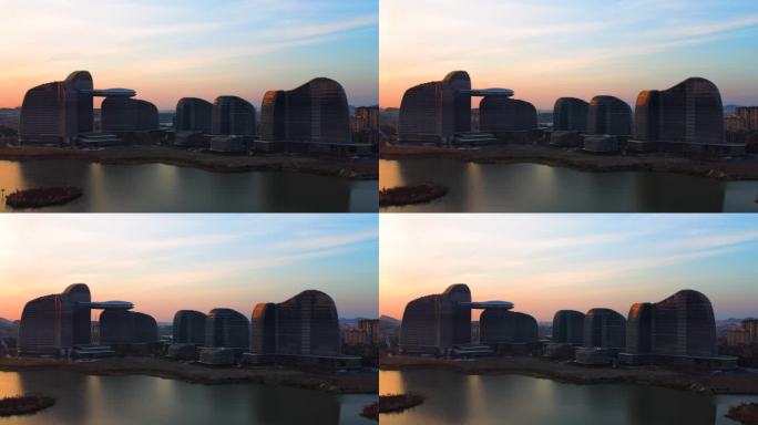 4k航拍夕阳下的湖州中国节能太湖首座