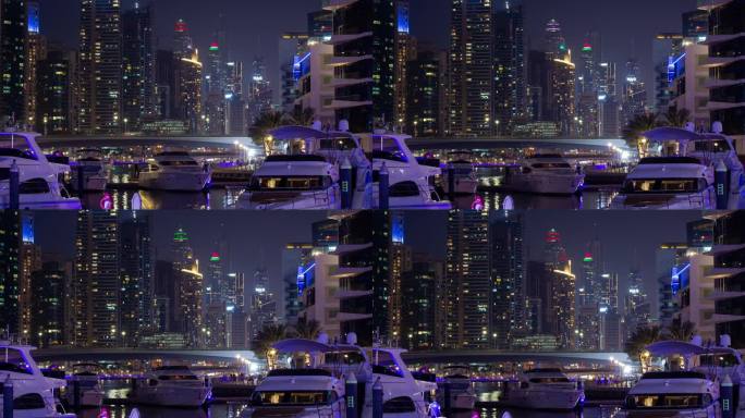 夜间照明迪拜码头游艇码头全景4k延时阿联酋