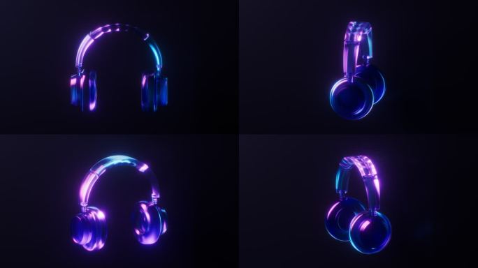 头戴式耳机与霓虹灯光效果循环动画3D渲染