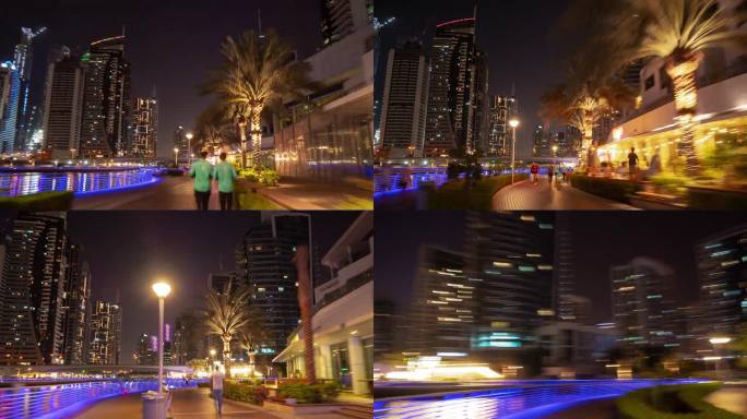 夜间照明迪拜码头著名的散步全景4k延时阿联酋