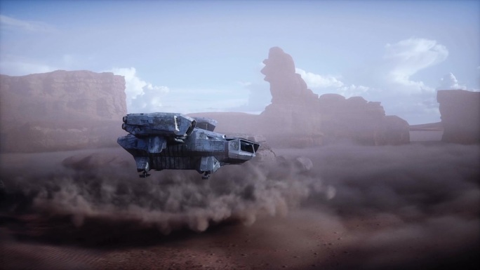 在外星星球火星上飞行的未来飞船。逼真的全高清动画。