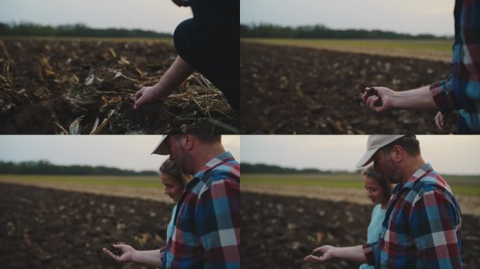 男女环保人士站在有机农场检查土壤