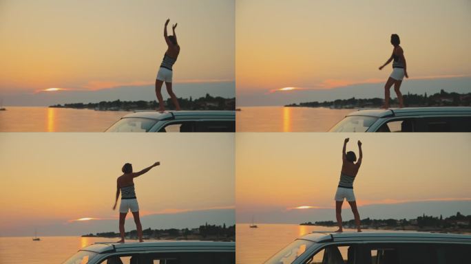 日落时分在海边露营车上悠闲跳舞的女子的慢镜头镜头