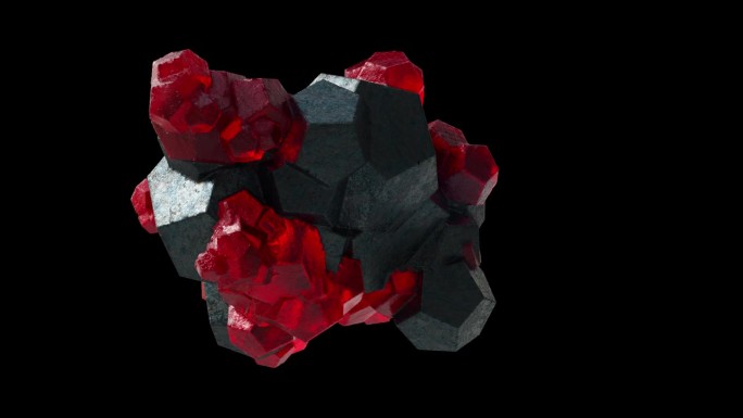 可循环的3d动画，一组矿物标本岩石红色