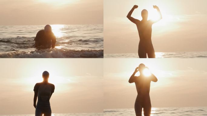 日落时，在海里游泳的活跃女子举起手臂的慢镜头镜头