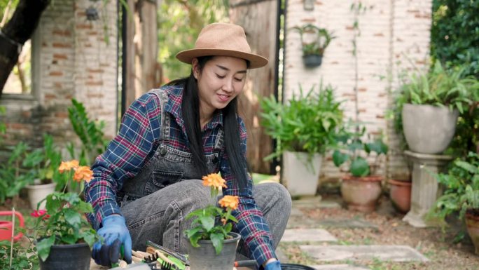 亚洲妇女有小生意，种树出售，妇女坐在家里的花园里，从桌子上捡起植物唤醒设备，在清洗之前取出用过的部件