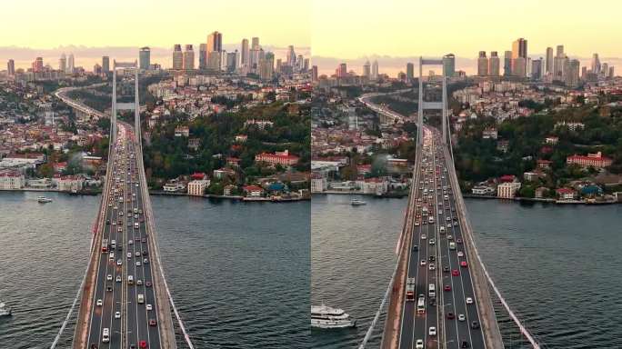 航拍雄伟的博斯普鲁斯大桥:航拍7月15日烈士桥和伊斯坦布尔欧洲一侧，#TemmuzŞehitlerK