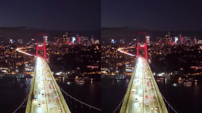 空中博斯普鲁斯黄昏宁静与速度坡道效果:空中奥德赛在7月15日烈士桥和伊斯坦布尔的欧洲方面在黄昏，#T