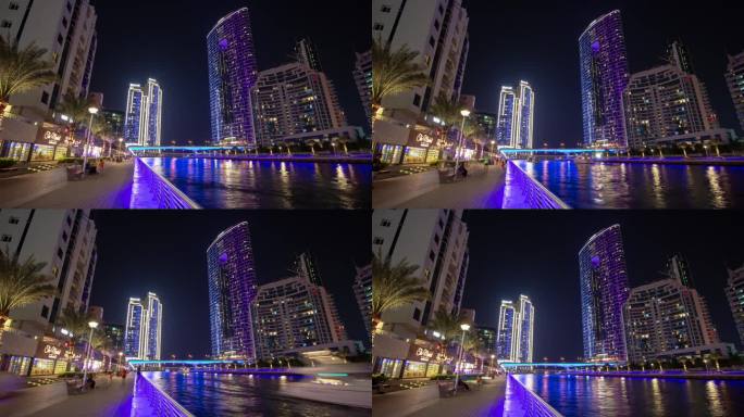 夜间照明迪拜码头步行海湾全景4k延时阿联酋