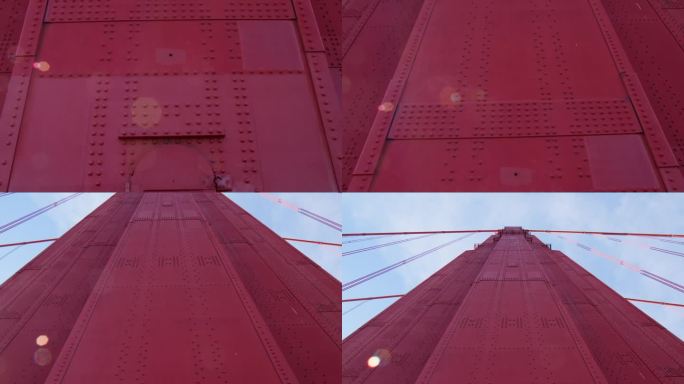 加州旧金山金门大桥塔的铆接钢结构。倾斜，低角度拍摄