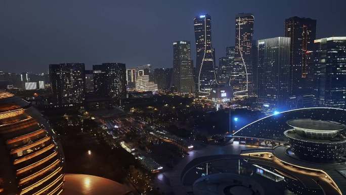 航拍杭州钱江新城城市夜景日月同辉宣传片