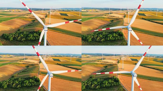 空中风力发电近距离:无人机视图附近旋转涡轮螺旋桨在田野