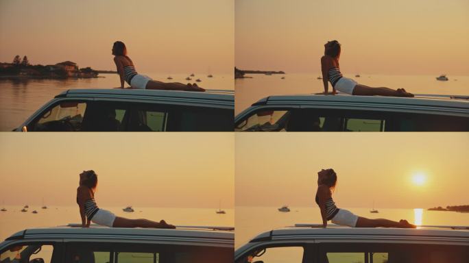 日落时分在海边露营车上锻炼的女子的慢镜头镜头