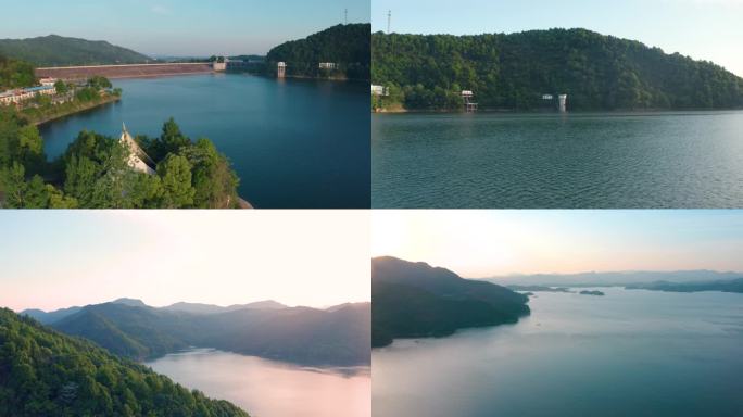 水库湖水山川落日乡村美景