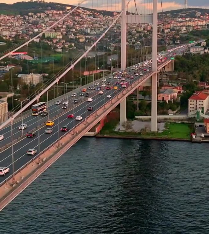 航拍的博斯普鲁斯大桥和贝勒贝伊宫:无人机拍摄的7月15日烈士桥和博斯普鲁斯海峡亚洲一侧的贝勒贝伊宫，