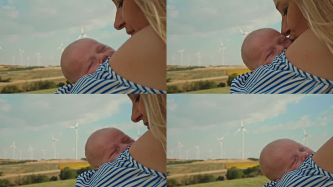 母亲的爱:草地和风力涡轮机中的温柔时刻