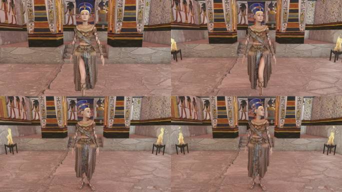 在古埃及古墓中有古壁画的女王娜芙蒂蒂。历史3d渲染动画。