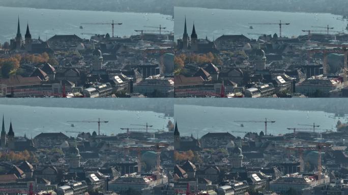 晴朗的一天苏黎世市中心湖滨湾水上交通航拍全景4k瑞士