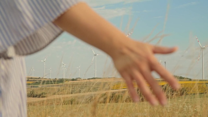 SLO MO感官交响曲:女人轻轻地抚摸着风力涡轮机中的草叶