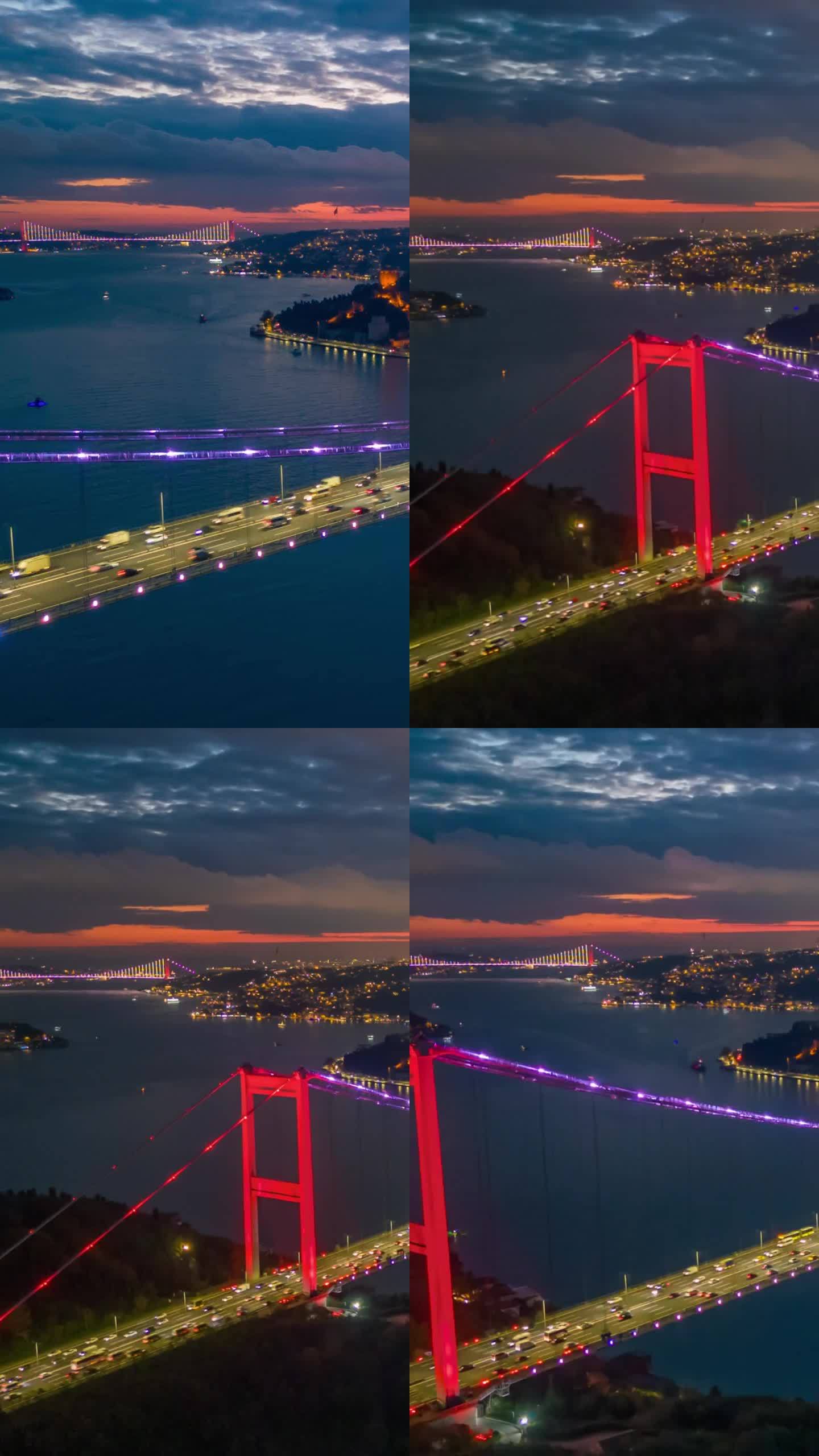 高速斜坡上的空中超降魔法:标志性的法提赫苏丹穆罕默德桥和伊斯坦布尔金融区在暮色中焕发出充满活力的色彩