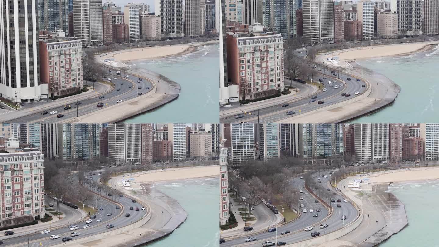 芝加哥橡树街海滩与湖滨道路交通的航拍图