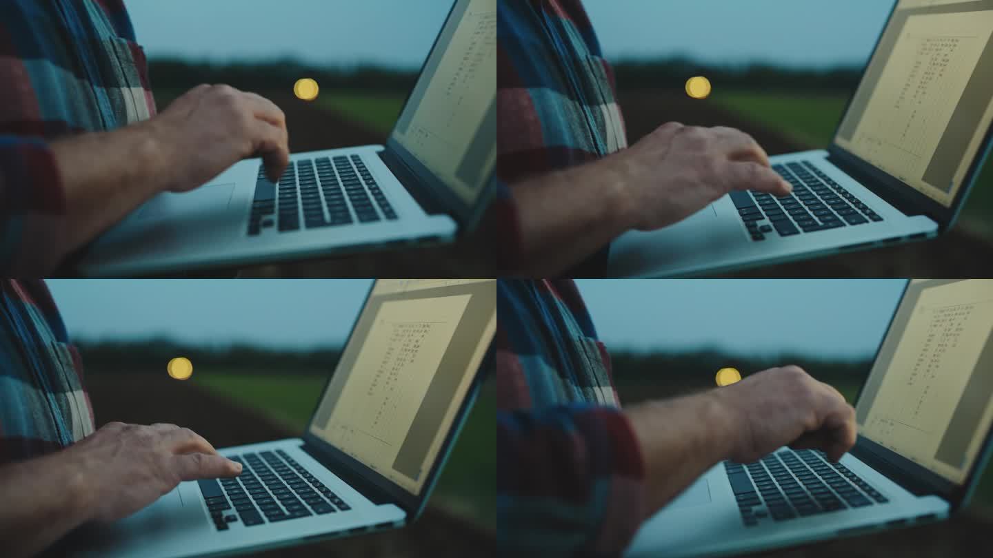 黄昏时分，男农民在田间劳作时用笔记本电脑打字的画面