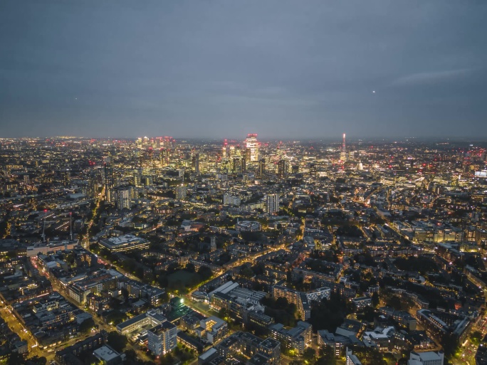 伦敦金融城高空俯瞰夜景航拍延时