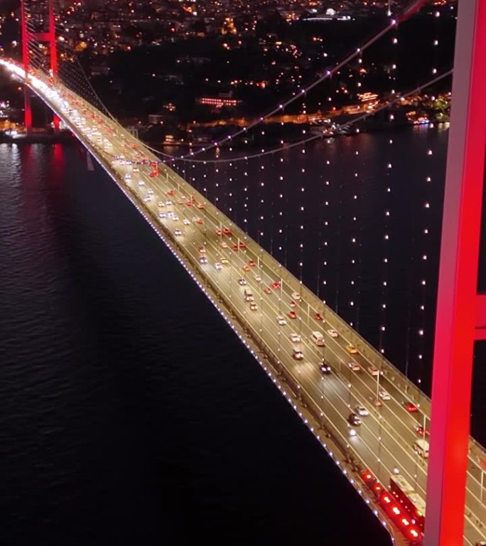 航拍黄昏的博斯普鲁斯大桥和金融区:航拍7月15日烈士桥和伊斯坦布尔欧洲区，#TemmuzŞehitl