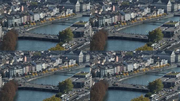 晴朗的一天飞越苏黎世市中心的交通河滨大桥航拍全景4k瑞士