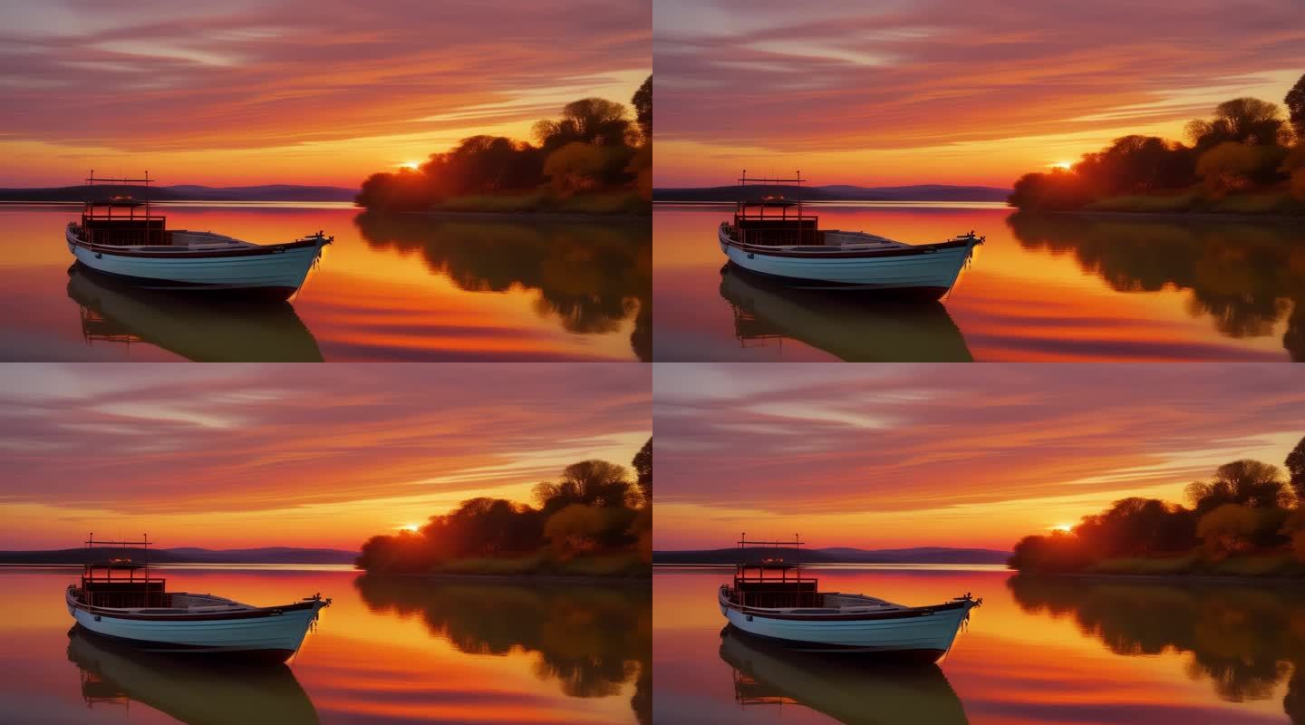 夕阳水面上的渔船