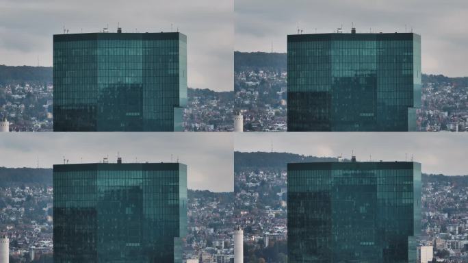 阴天苏黎世市现代办公大楼外部正面航拍全景4k瑞士