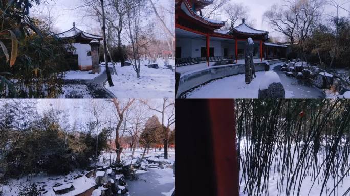 古代建筑龙泉亭与池塘雪后美景