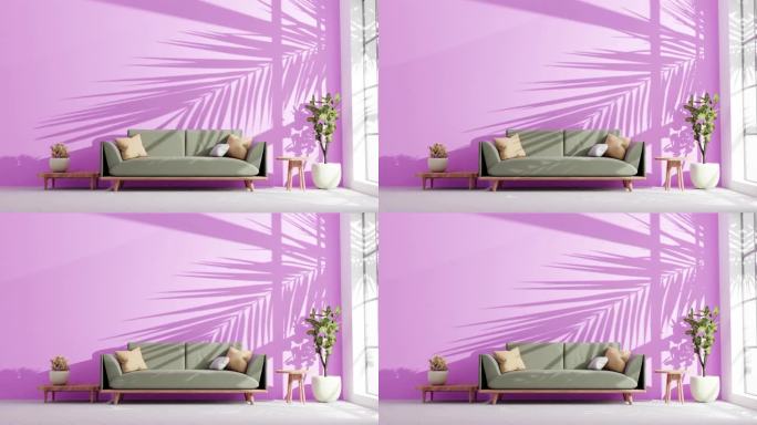 现代公寓客厅，沙发沙发和树叶的阴影在墙上移动，柔和的夏日风，微风，温暖的光线从窗户发出动画