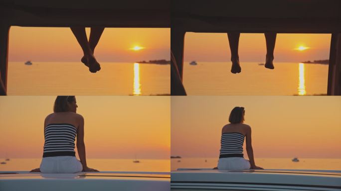 日落时坐在海边露营车上的女人的慢镜头镜头