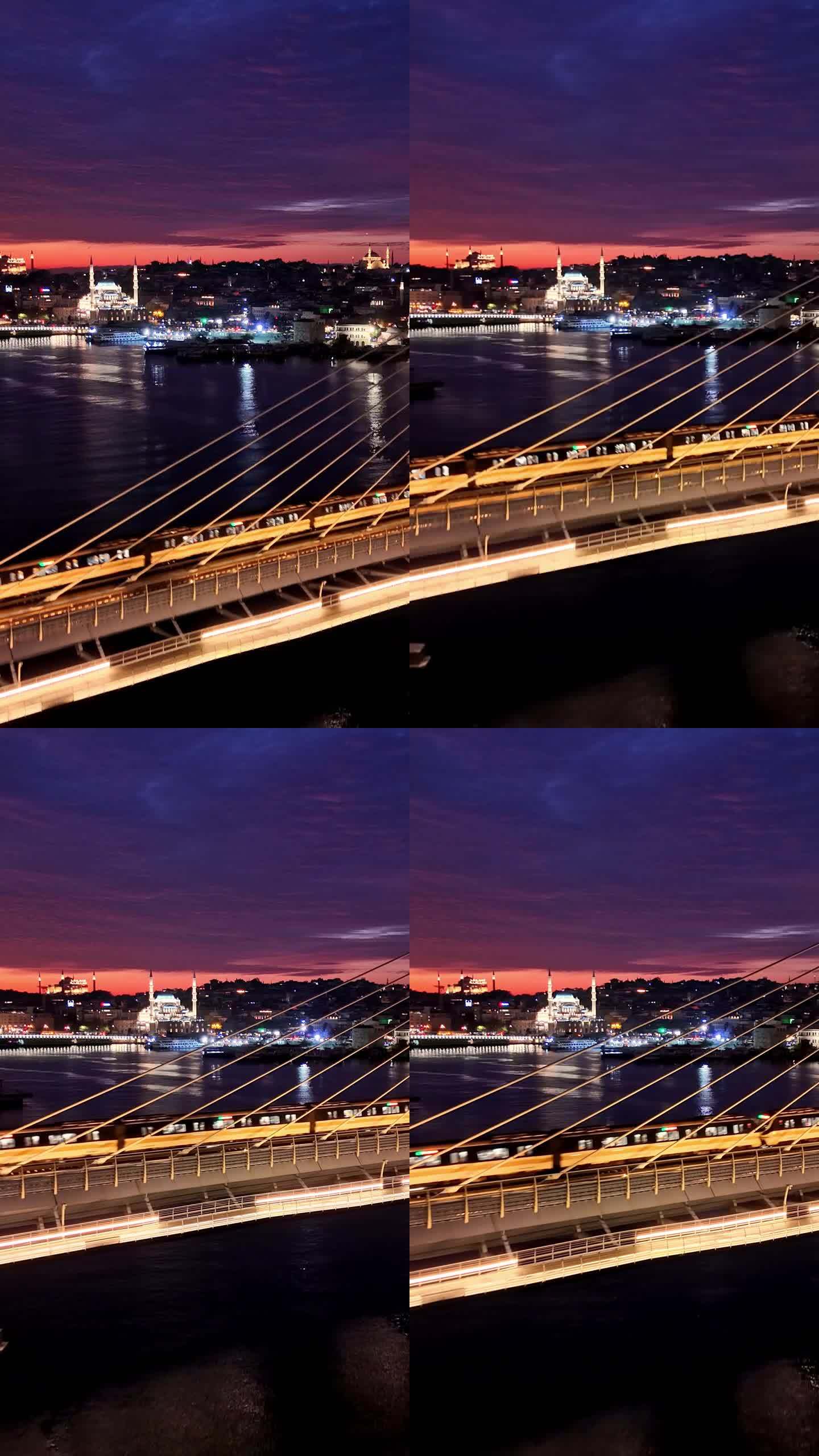 金色角大桥上的空中地铁列车被城市灯光照亮# metrobridge魔术#夜景#Illuminated