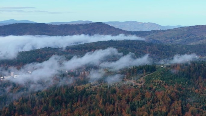 建立鸟瞰图波兰维斯拉，浓雾爬过贝斯基迪山脉的秋天林地山谷