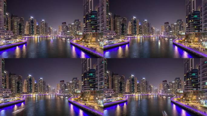 夜晚照亮迪拜市著名的码头交通大桥全景4k延时阿联酋