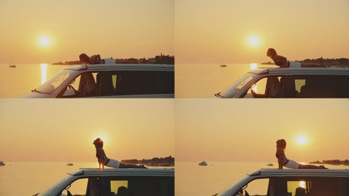 在日落时，在海边露营车上练习瑜伽的健康女性的SLO镜头