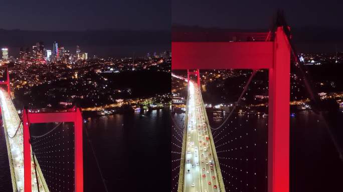 航拍的博斯普鲁斯海峡夜晚宁静:航拍的奥德赛7月15日烈士桥和伊斯坦布尔欧洲一侧的黄昏，#Temmuz