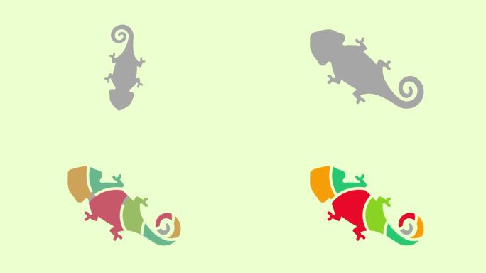 一个隐蔽的变色龙图形动画的俯视图。卷曲的尾巴变色龙在绿色背景运动设计。4 k的决议
