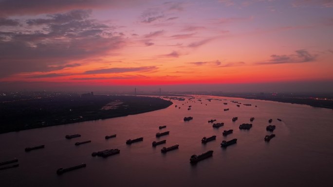 港口晚霞长江空镜